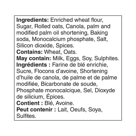 Ingredients list for Great Value Oatmeal Muffin Mix, Makes 24 Muffins - 900g package on a white background
