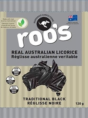 Roo's Australian Licorice Candy, Traditional Black, 120g/4.2oz, Bag, {Imported from Canada}