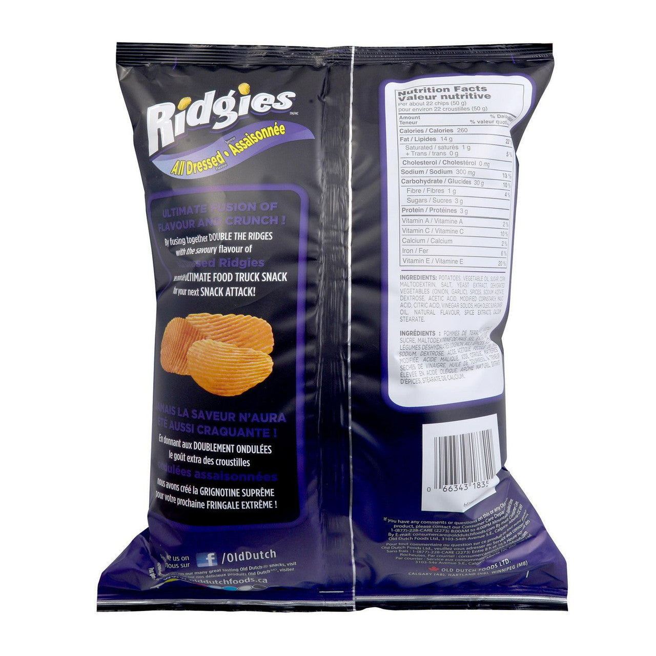 Ridgies All Dressed Gluten Free Potato Chips, One Large Bag, {Imported from Canada}