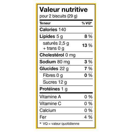 Nutrition fact in French for Leclerc Celebration Maple Leaf Creme Cookies, 350g/12.3 oz on a white background