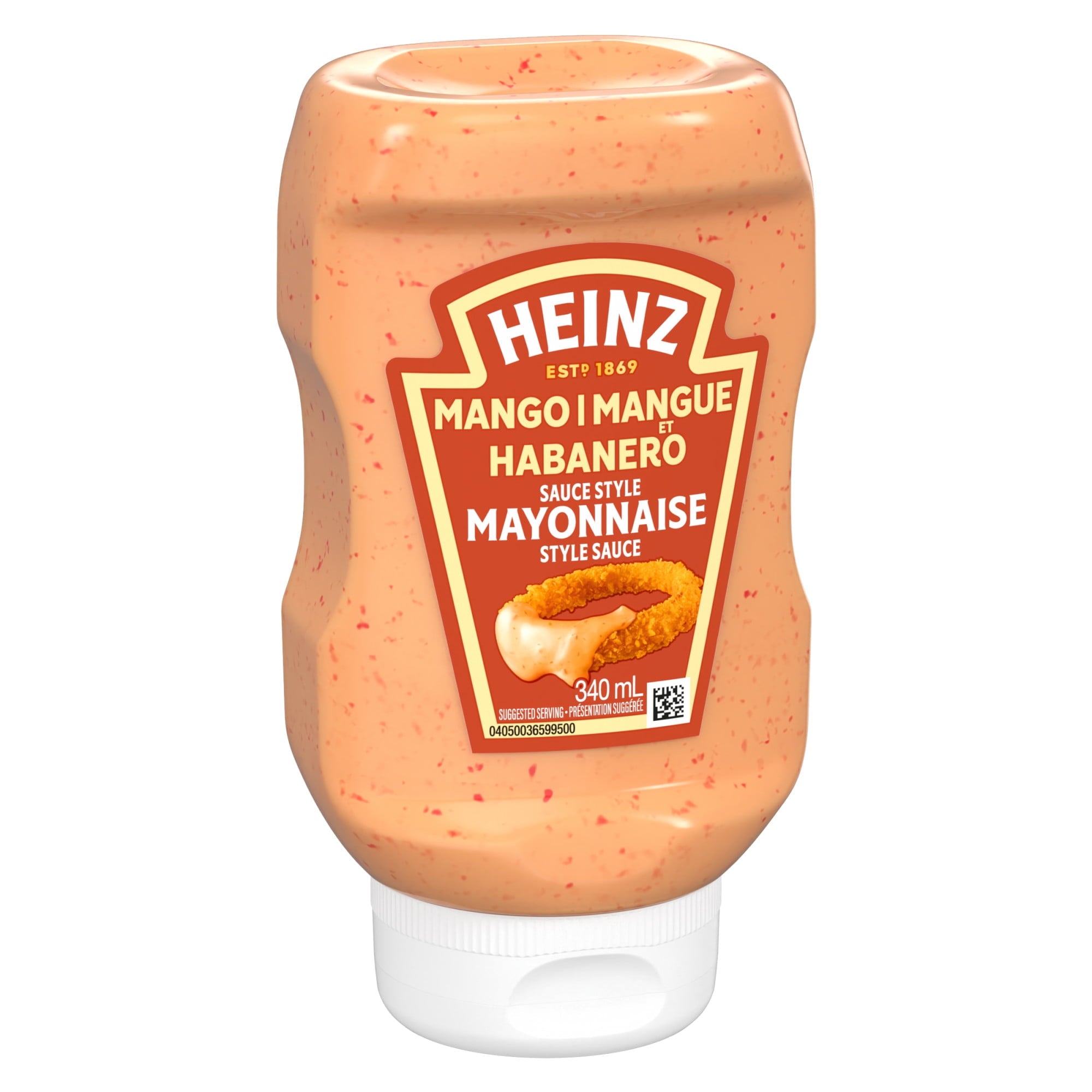 Front of Heinz Mango Habanero Mayonnaise bottle on a white background.