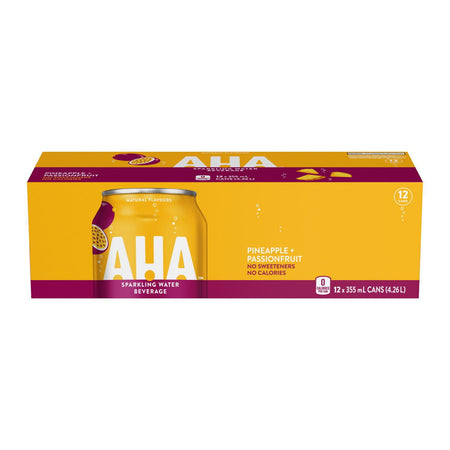 Box of AHA Pineapple Passionfruit sparkling water beverage on a white background