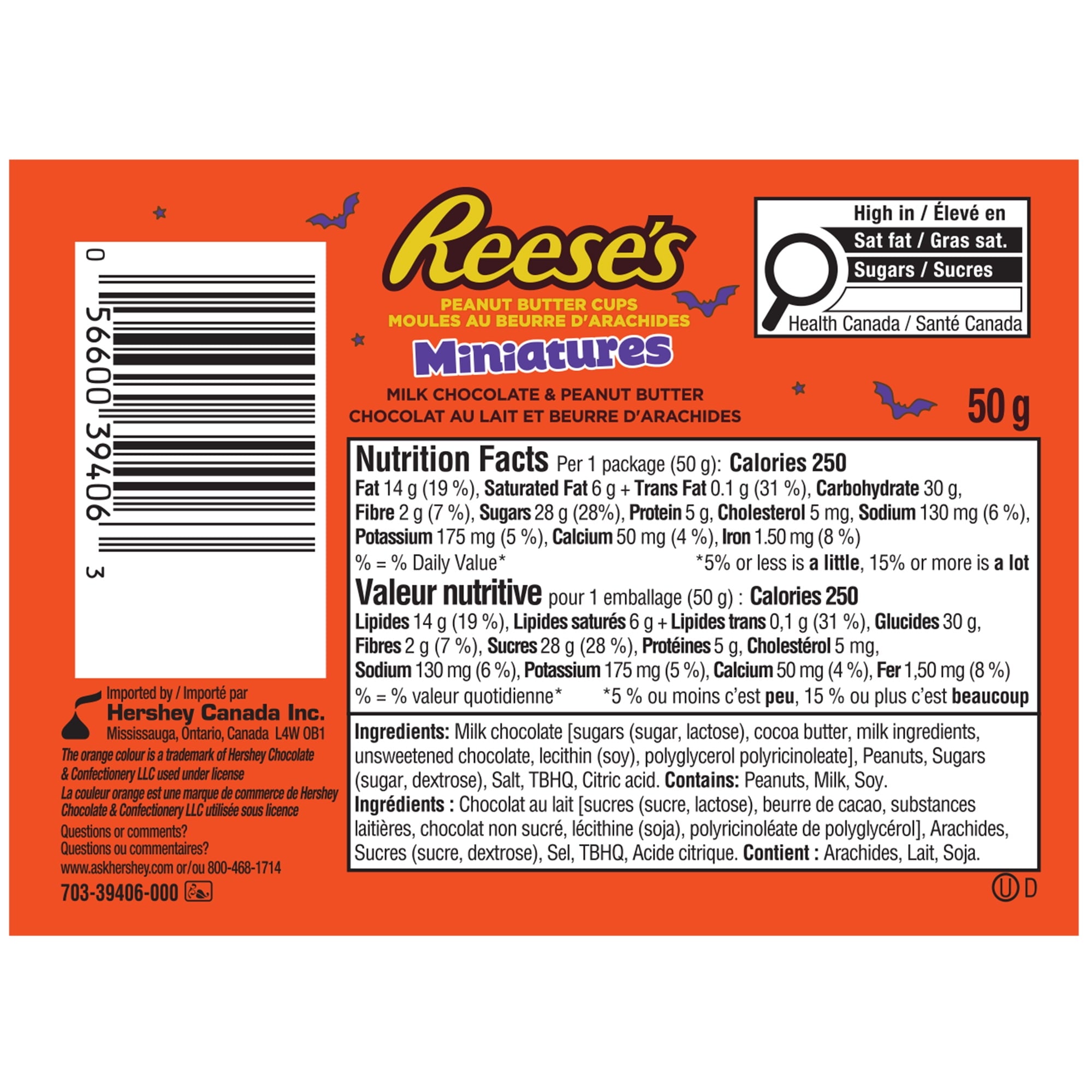 Hershey's Reese's Peanut Butter Cups Cane, Milk Chocolate, 50g/1.75 oz. Tube, nutrition and ingredients label