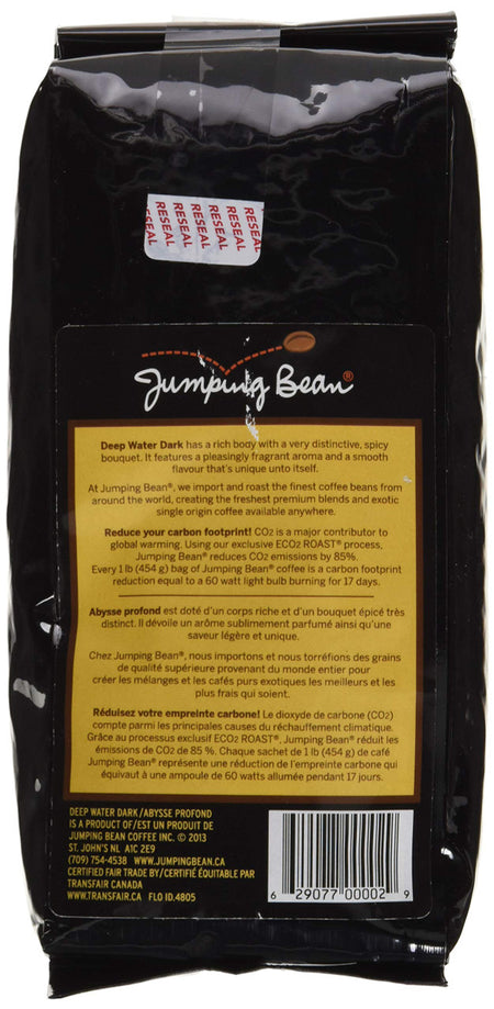 Jumping Bean Deep Water Roast Fairtrade Organic Whole Bean Coffee, Dark Roast, 454g/1lb., {Imported from Canada}