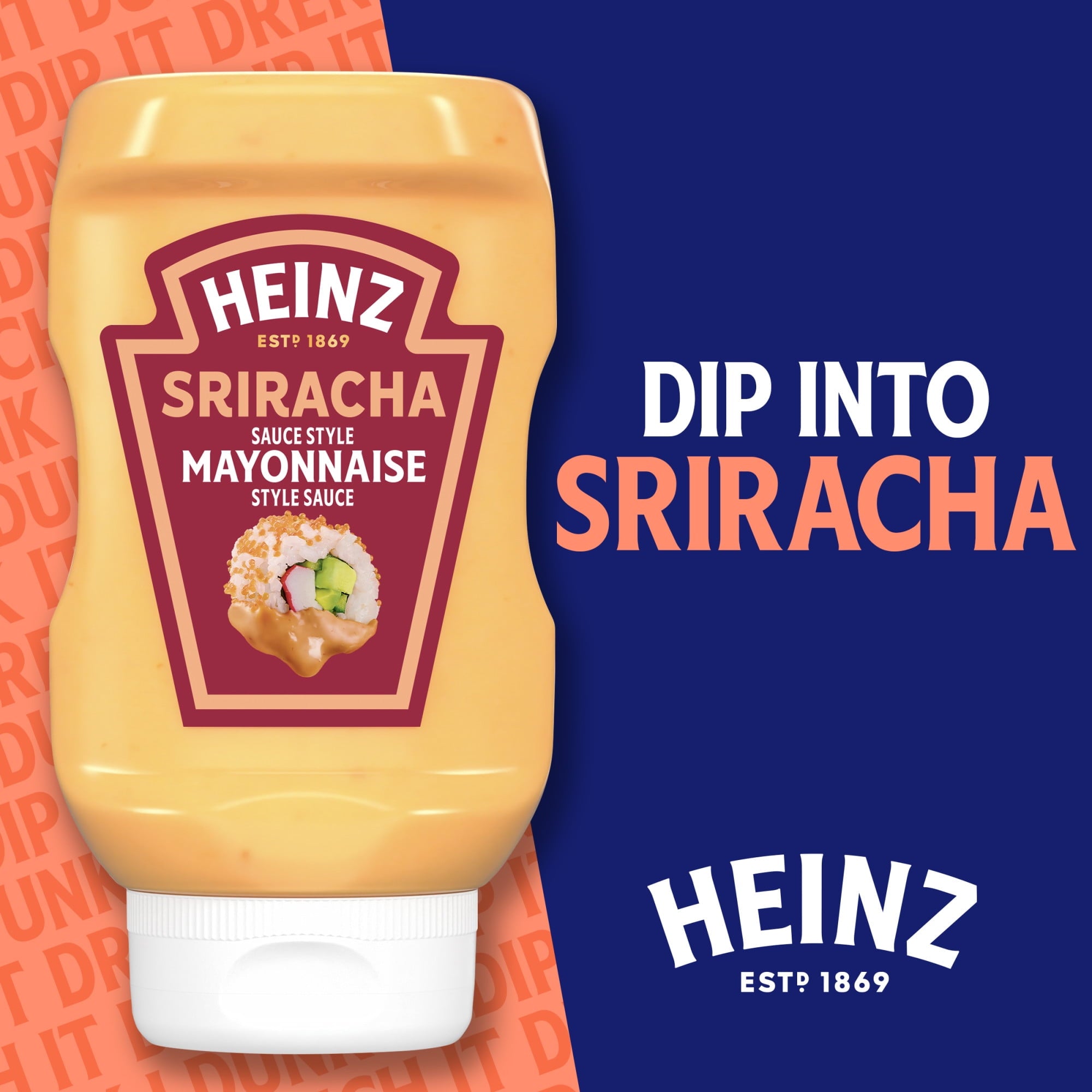 Heinz Sriracha sauce bottle on a blue background with text promoting the product.