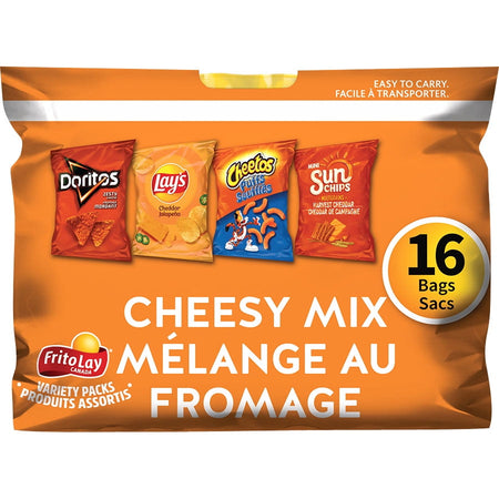 Frito-Lay Chips Variety Pack, Cheesy Mix, (Doritos Zesty Cheese, Lays Cheddar Jalapeno, Cheetos Cheese Puffs & Sun Chips Harvest Cheddar Flavors), (16ct x 28g), 448g, front of pack.