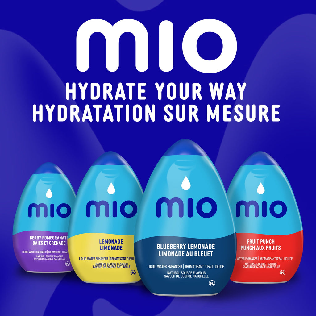 Mio liquid water enhancers with different flavors on a blue background