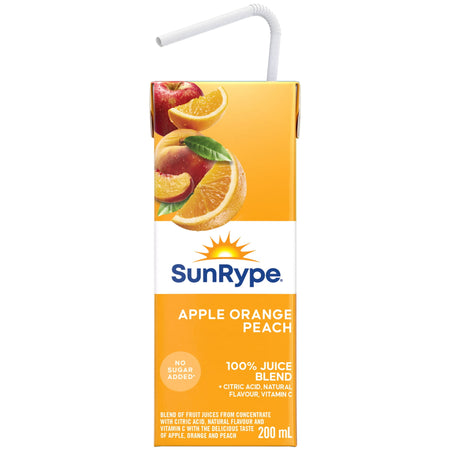 SunRype Apple Orange Peach Juice Boxes Perfect for On-The-Go, 5x200ml, 1L/33.8 fl. oz. - Front Of One Juice Box