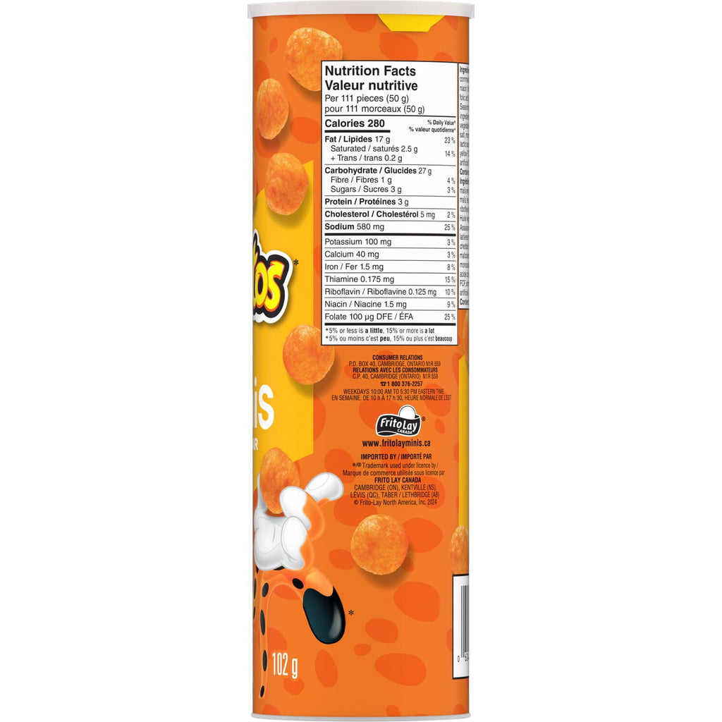 Cheetos Minis Cheddar Cheese Flavored Snacks, 102g, back of canister.