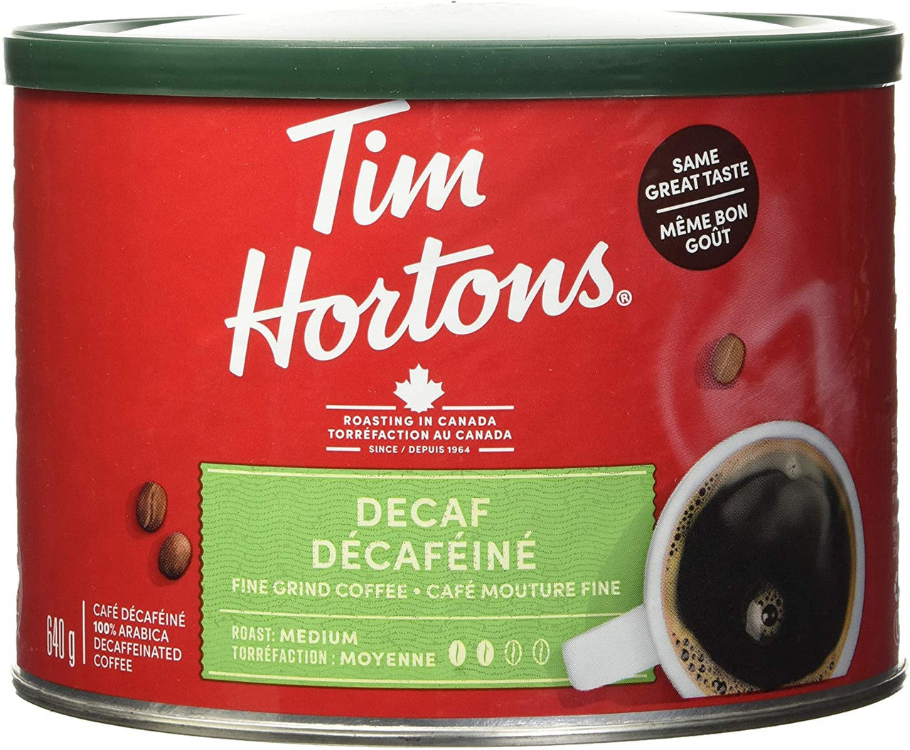 Tim Hortons Fine Grind Decaf Coffee - Medium Roast, 640g/1.4lbs, {Imported from Canada}