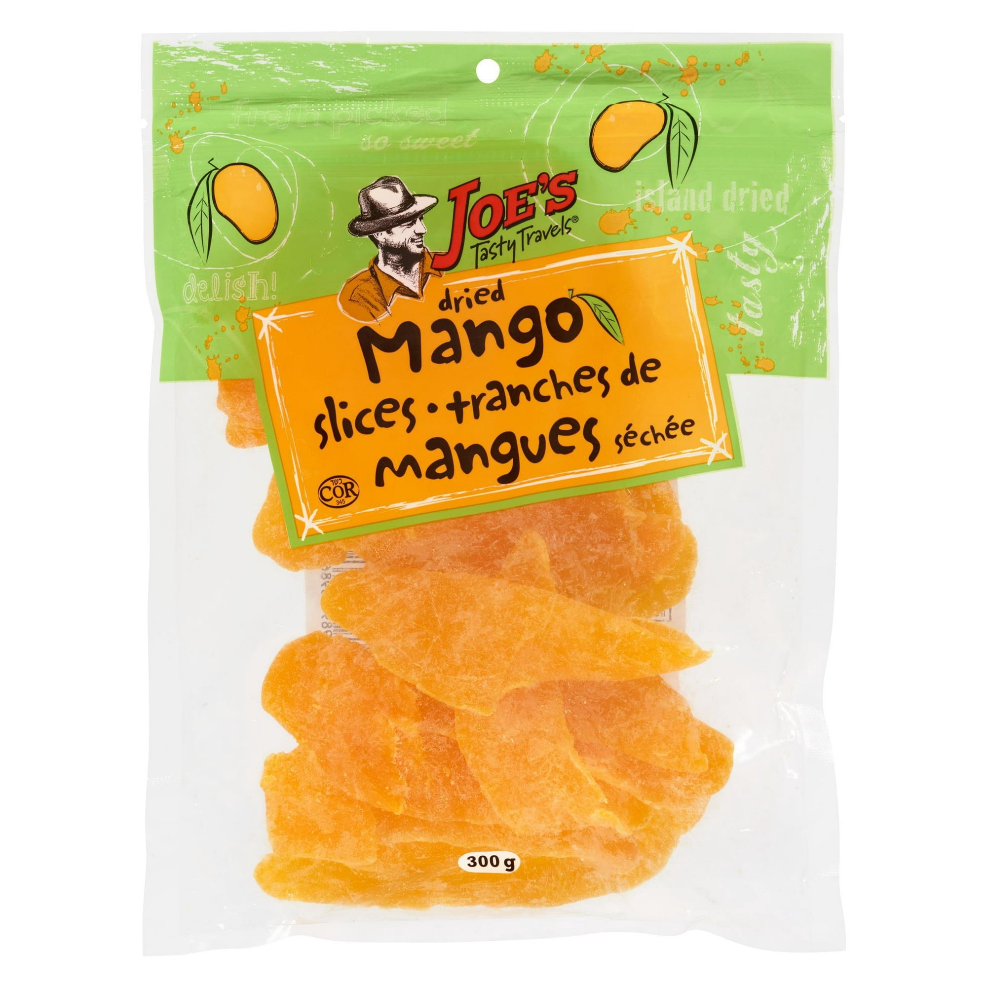 Joe's Tasty Travels Sweetened Dried Mango Slices, 300g, front of bag.