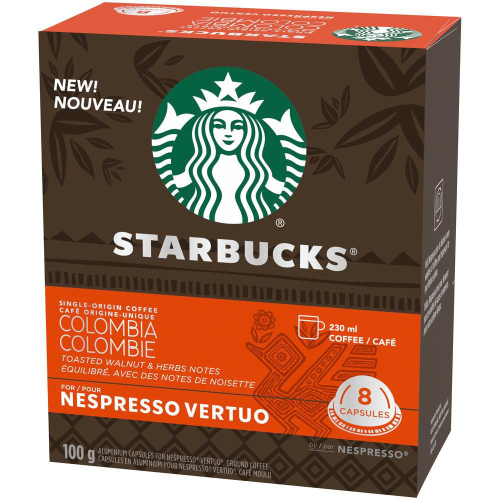 Starbucks Single Origin Colombia Medium Roast Coffee, Capsules for Nespresso Vertuo, 8 count, 100g/3.5 oz. Box {Imported from Canada}