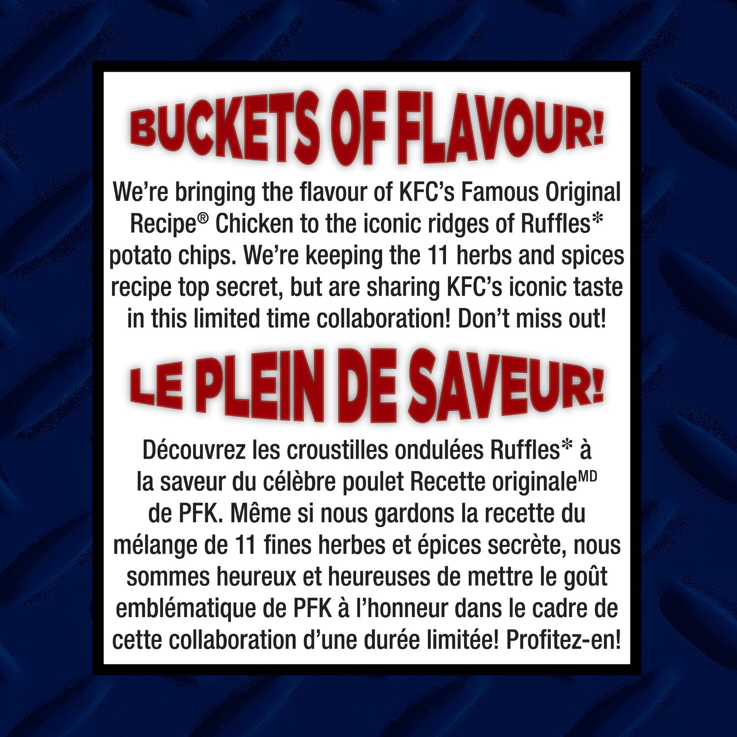 Ruffles KFC Original Recipe Chicken Potato Chips, 180g, buckets of flavor label.