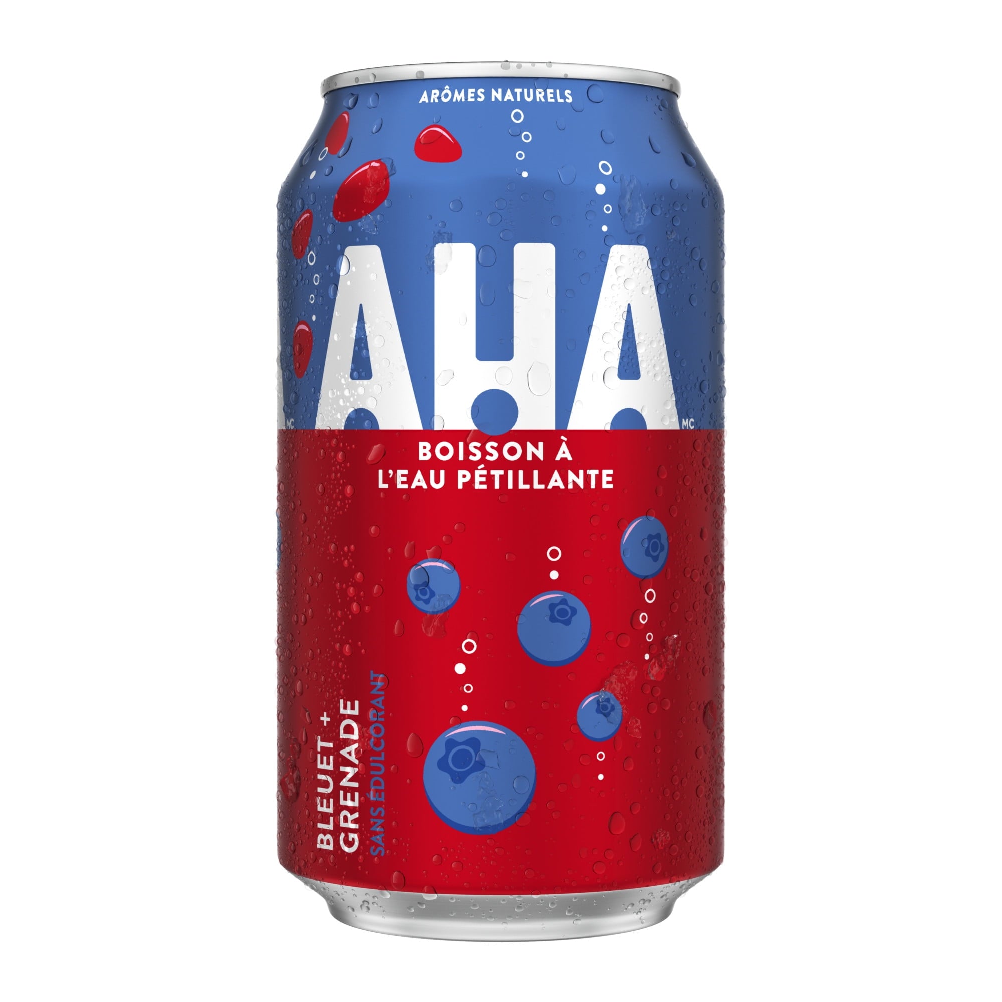 Canned drink with blue and red design on a white background