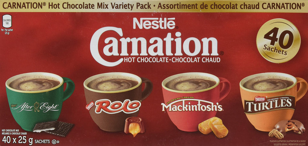 Nestle Carnation Hot Chocolate Variety Pack, Rolo, Mackintosh Toffee, After Eight, Turtles, 40-Count Box, 25g Envelopes