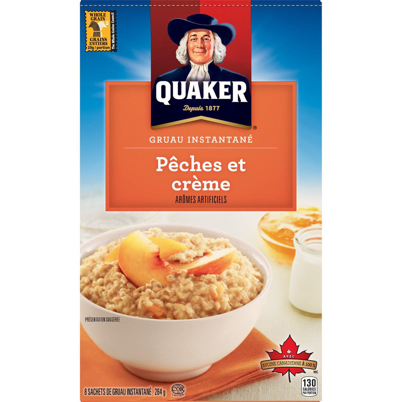 Quaker Peaches & Cream Flavor Instant Oatmeal, 8 packets, 264g/9.2 oz. Box (Imported from Canada)