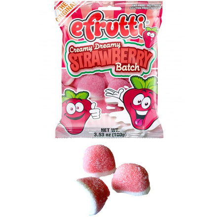 Efrutti Creamy Dreamy Strawberry Batch Gummy Candy, 100g, front of bag.