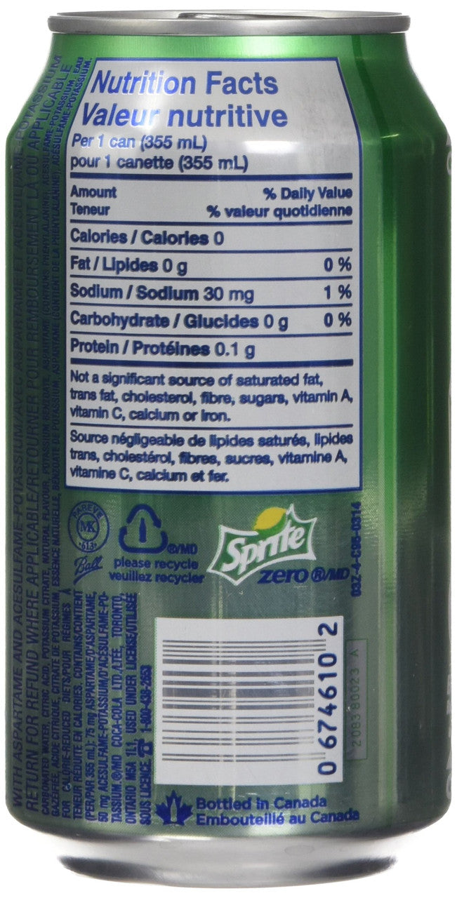 Sprite Zero Sugar, Soda Pop, 355ml 12oz., Cans, 12 Pack, {imported From 