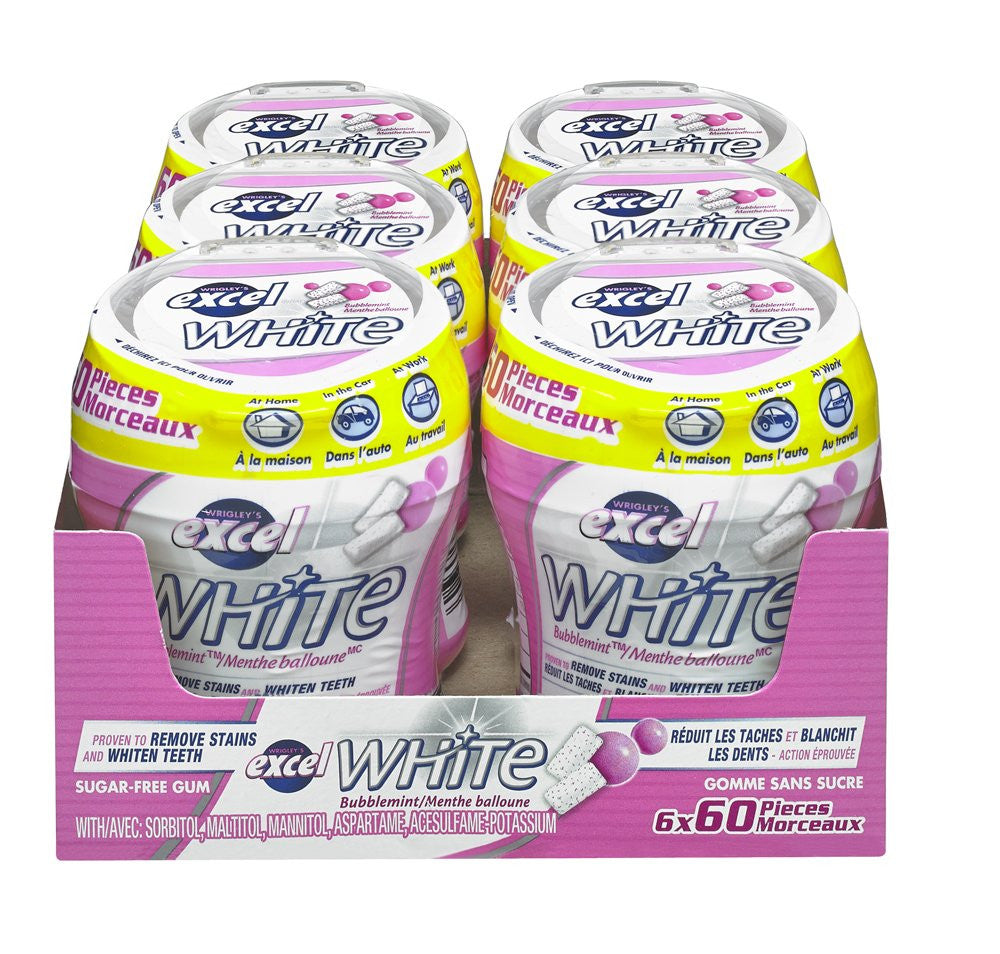 Excel White Sugar-Free Gum,Bubblemint, 60pc Bottle,6ct{Imported from Canada}