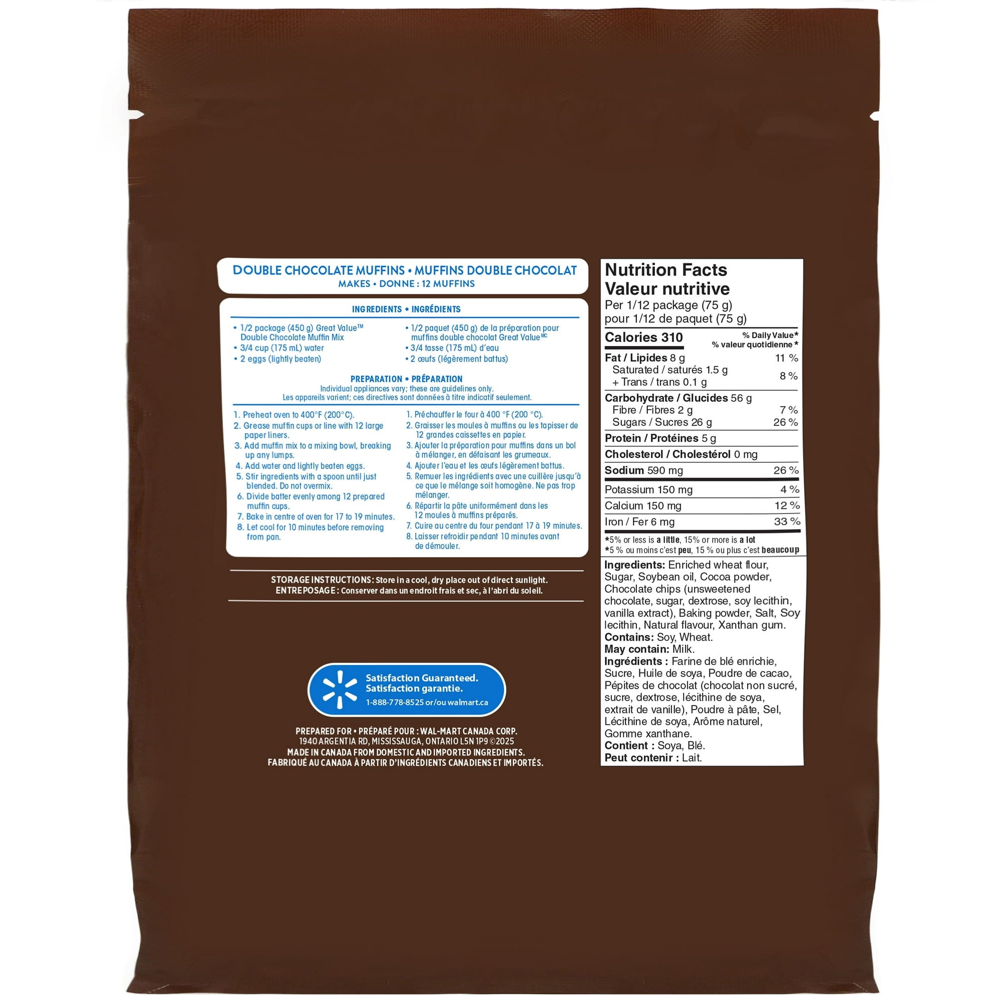 Back of Great Value Double Chocolate Muffin Mix, Makes 24 Muffins - 900g package on a white background