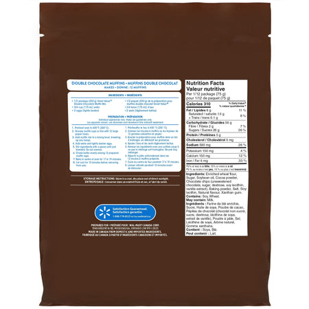 Back of Great Value Double Chocolate Muffin Mix, Makes 24 Muffins - 900g package on a white background