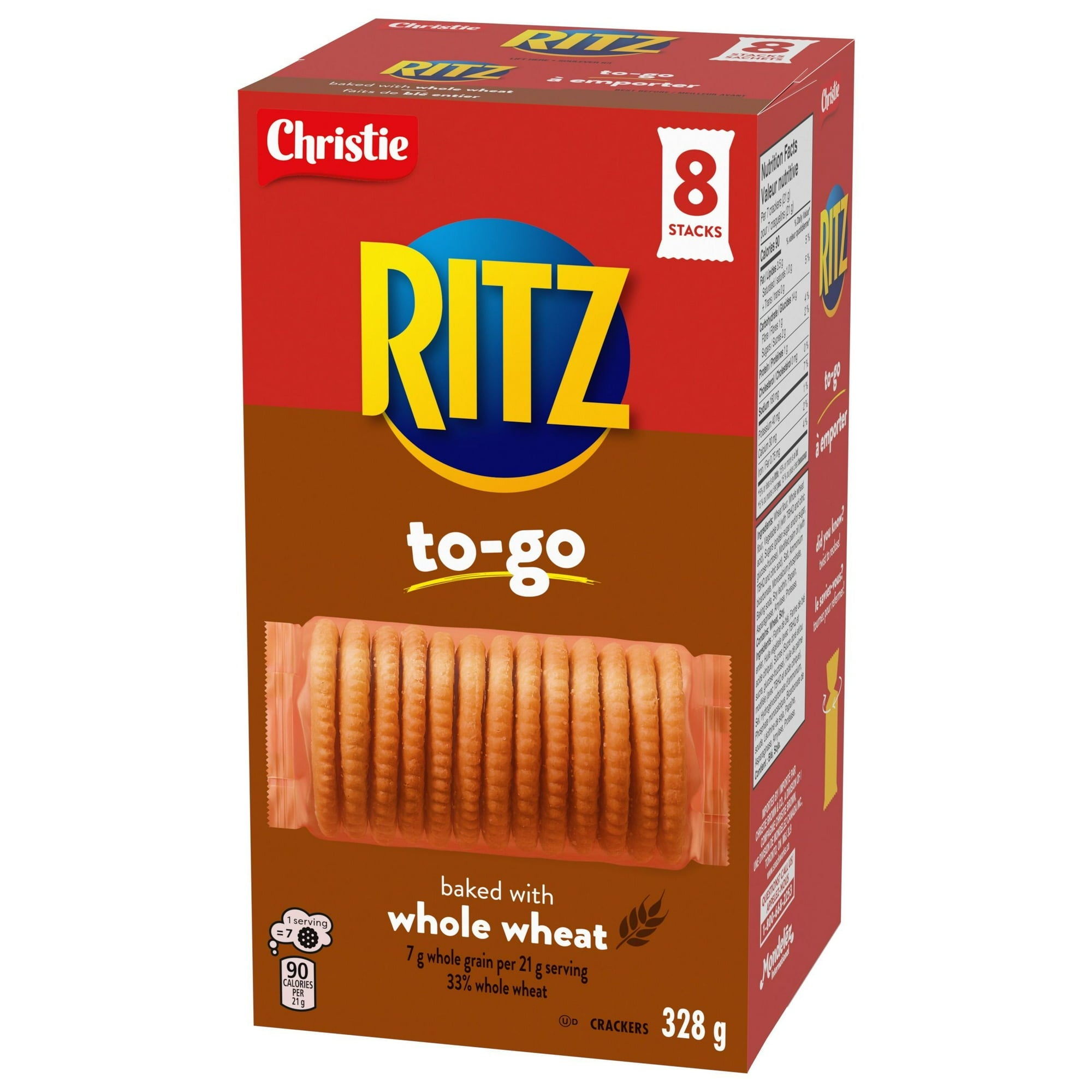 Box of Ritz whole wheat crackers to-go with red and brown design on a white background