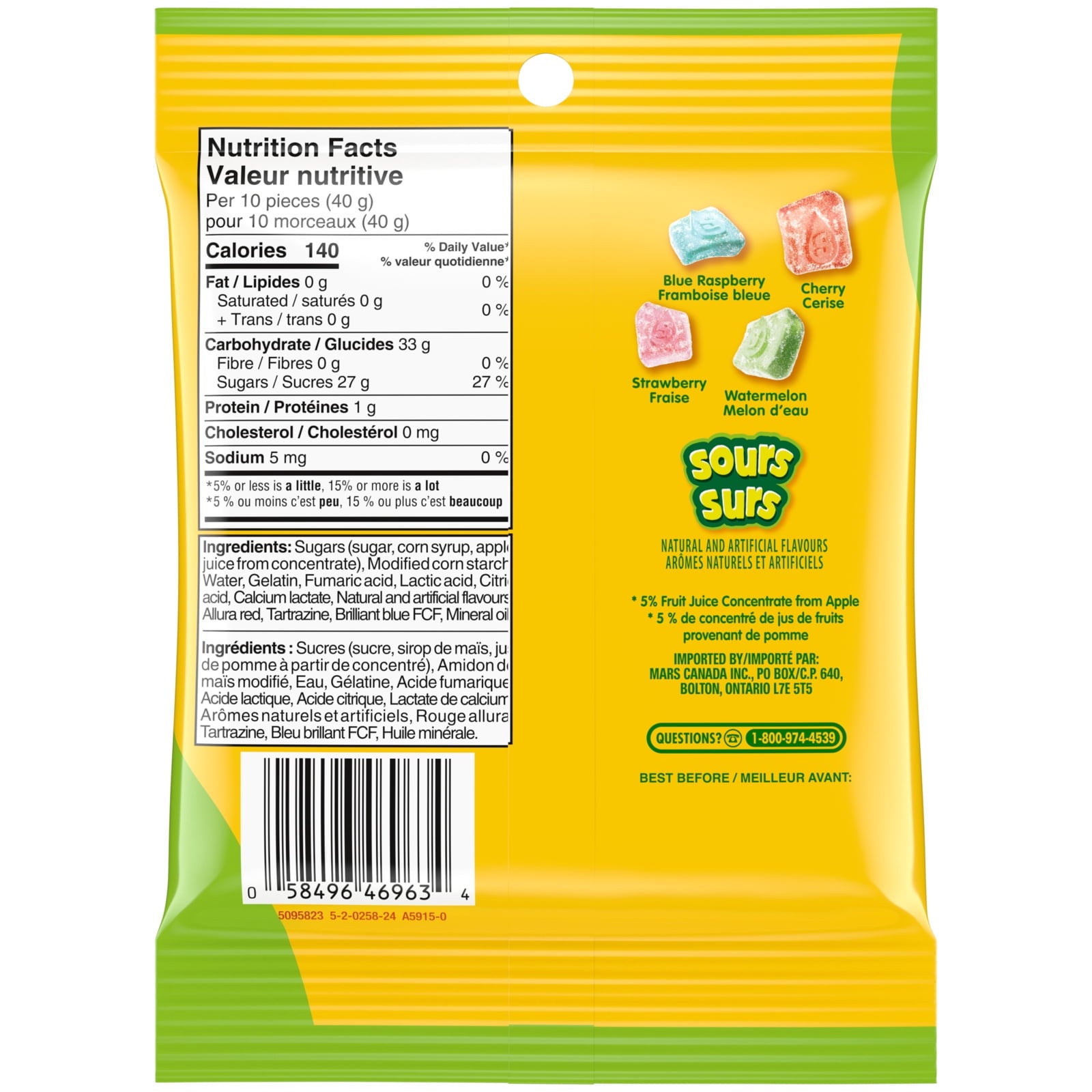 Back side of package of Starburst Gummies Sours Candy 142g/5.0 oz with colorful design on a white background.