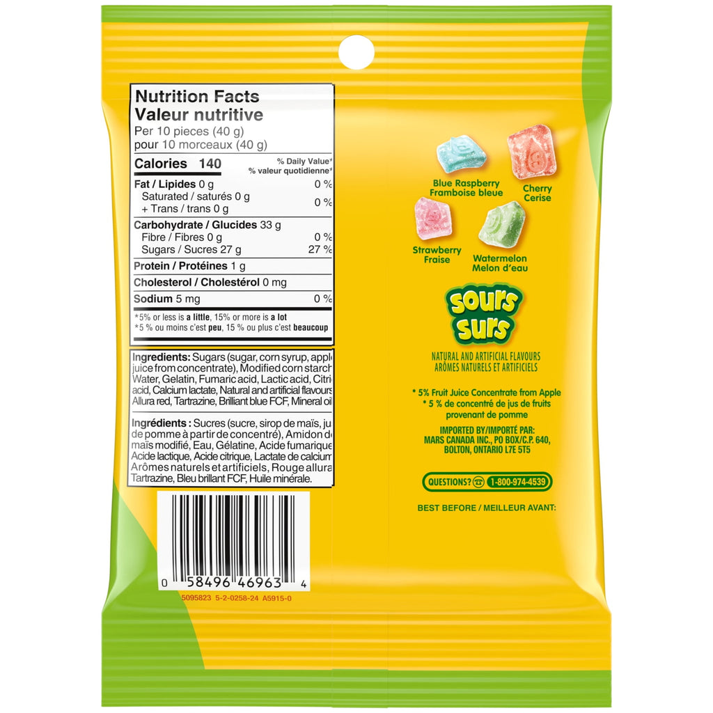 Back side of package of Starburst Gummies Sours Candy 142g/5.0 oz with colorful design on a white background.