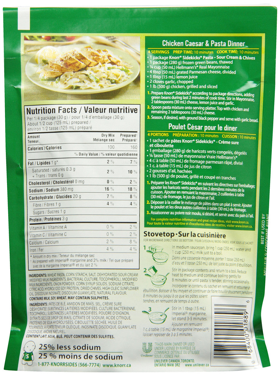Knorr Sidekicks, Sour Cream & Chives Pasta Side Dish, 120g/4.2oz., 8ct, {Imported from Canada}