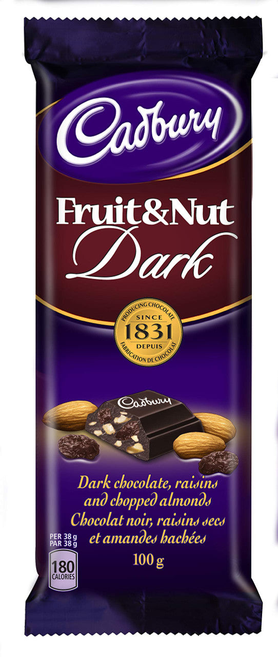 Cadbury Dairy Milk Fruit and Nut Dark, 100g/3.5 oz., {Imported from Canada}