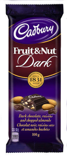 Cadbury Dairy Milk Fruit and Nut Dark, 100g/3.5 oz., {Imported from Canada}