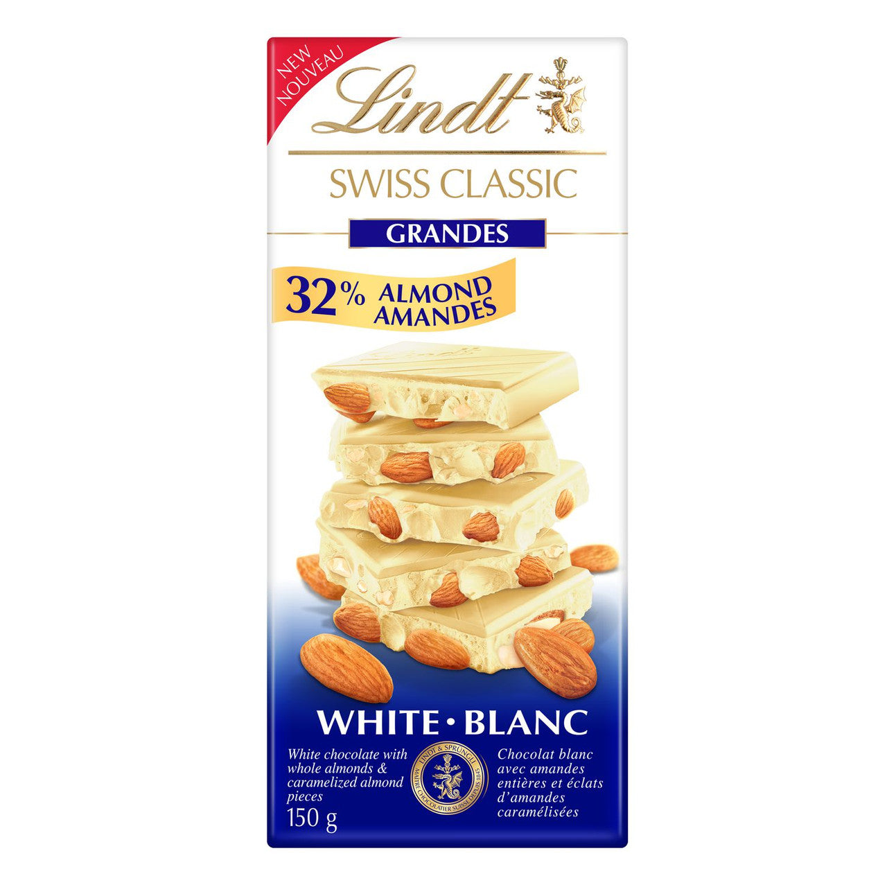 Lindt Swiss Classic Grandes Almond White Chocolate Bar, 150g/5.2 oz. {Imported from Canada}