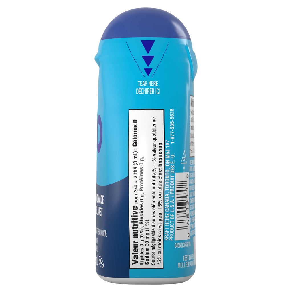 Blue and white bottle of MiO Blueberry Lemonade Liquid Water Enhancer, 48ml/1.62oz with nutritional information on a white background