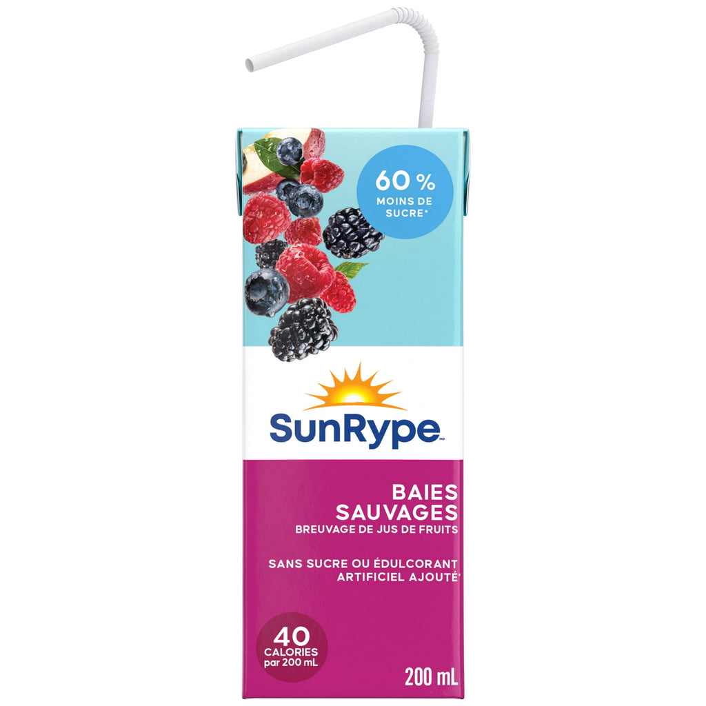 SunRype Wildly Berry Juice Boxes Perfect For On-The-Go, 60% Less Sugar, 5x200ml/33.8 fl. oz. - Back Of One Juice Box