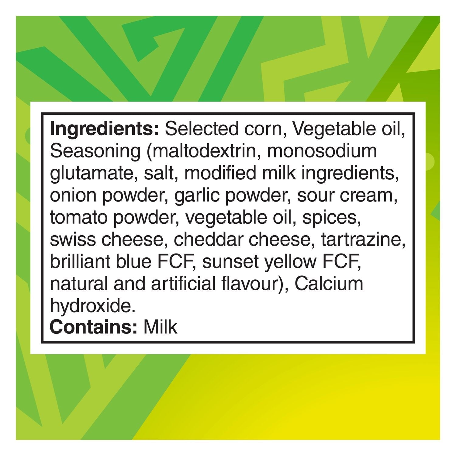 Ingredients list for Doritos Guacamole Tortilla Chips, 210g/7.4 oz on a green and yellow background