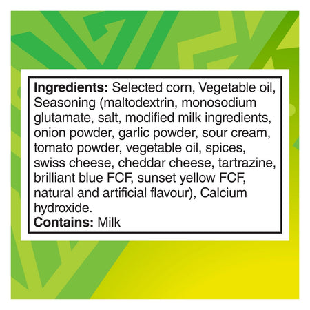 Ingredients list for Doritos Guacamole Tortilla Chips, 210g/7.4 oz on a green and yellow background