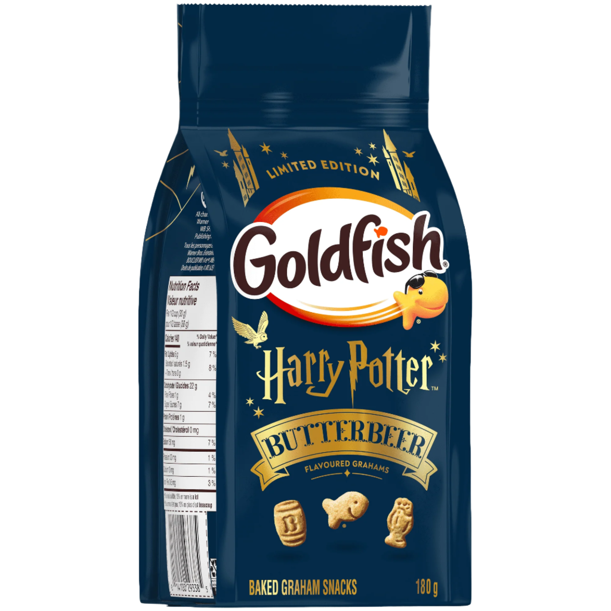 Goldfish Harry Potter Butterbeer flavored graham snacks packaging on a white background.