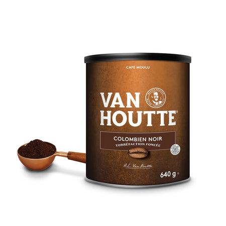 Van Houtte coffee canister with a scoop of ground coffee on a white background