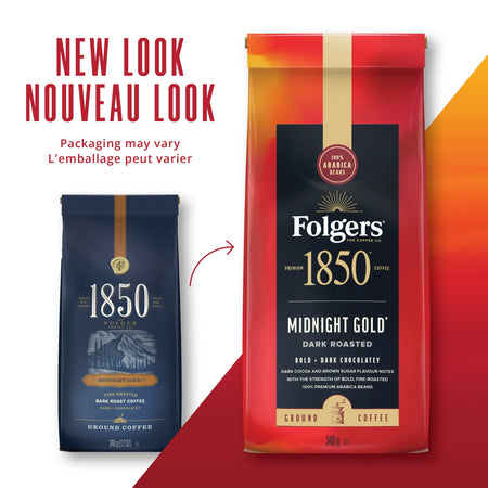 Folgers,1850 Midnight Gold Ground Coffee, 340g/12 oz.  New Look