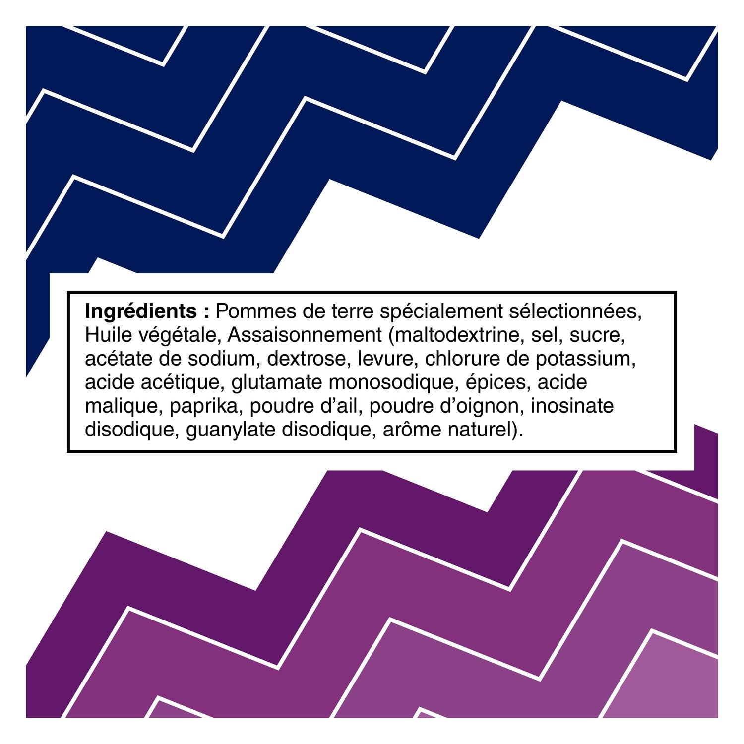 Ingredients list in French for Ruffles All Dressed Party Size Potato Chips, 380g/13.4 oz on a zigzag patterned background