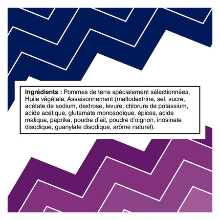 Ingredients list in French for Ruffles All Dressed Party Size Potato Chips, 380g/13.4 oz on a zigzag patterned background