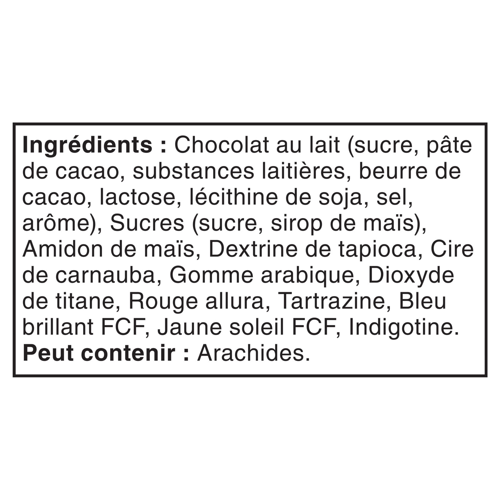 French ingredients label of M&M's Holiday Blend Milk Chocolate Candies, 165g/5.8 oz. Bag
