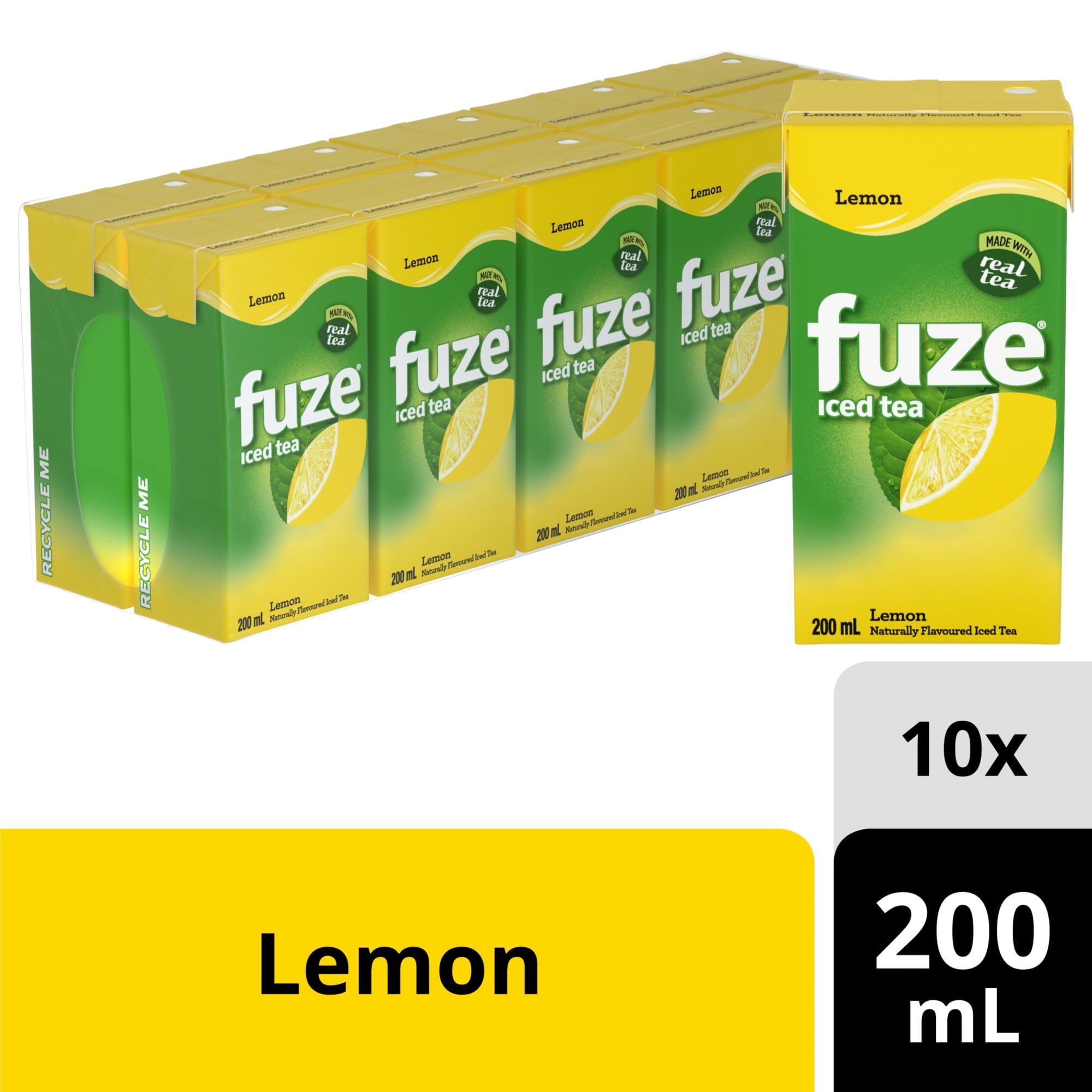 Packaging of fuze lemon iced tea boxes on a white background