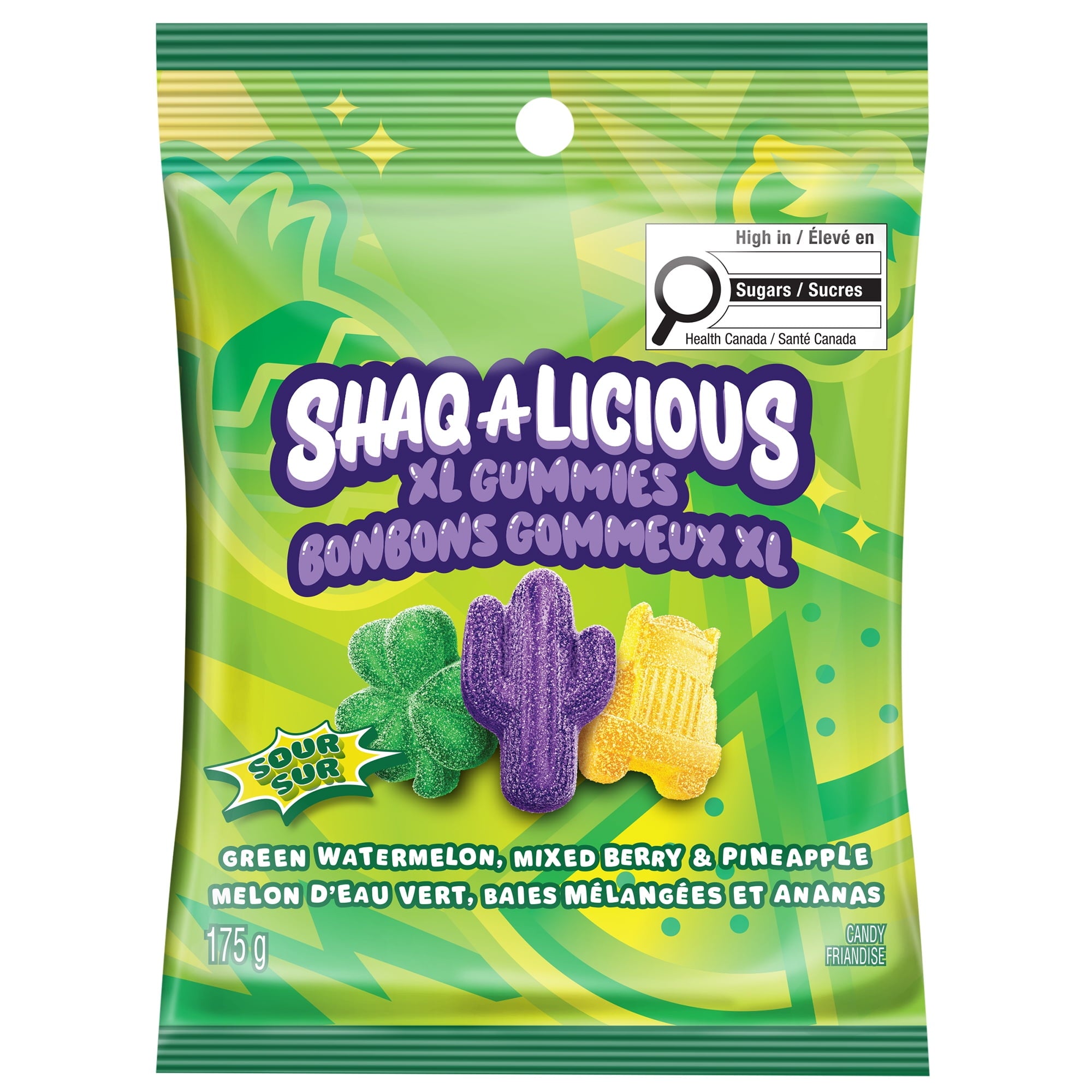 Shaq A Licious XL Sour Gummies Candy, Green Watermelon, Mixed Berry & Pineapple Flavors, 175g/6.2 oz., Bag, front of bag.