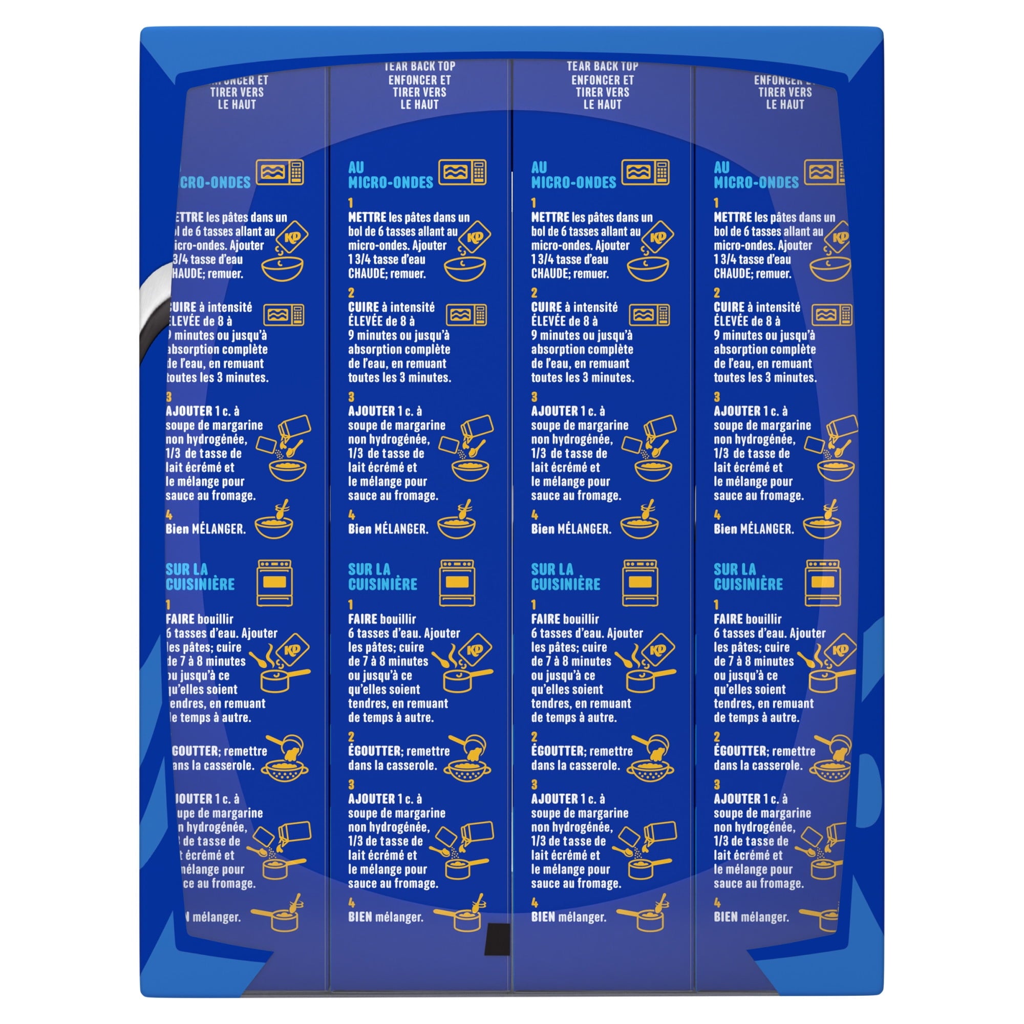 Instructions for using KD Kraft Macaroni & Cheese Dinner Original - 12x200g, 2400g/84.65 oz on a blue background with text and icons.