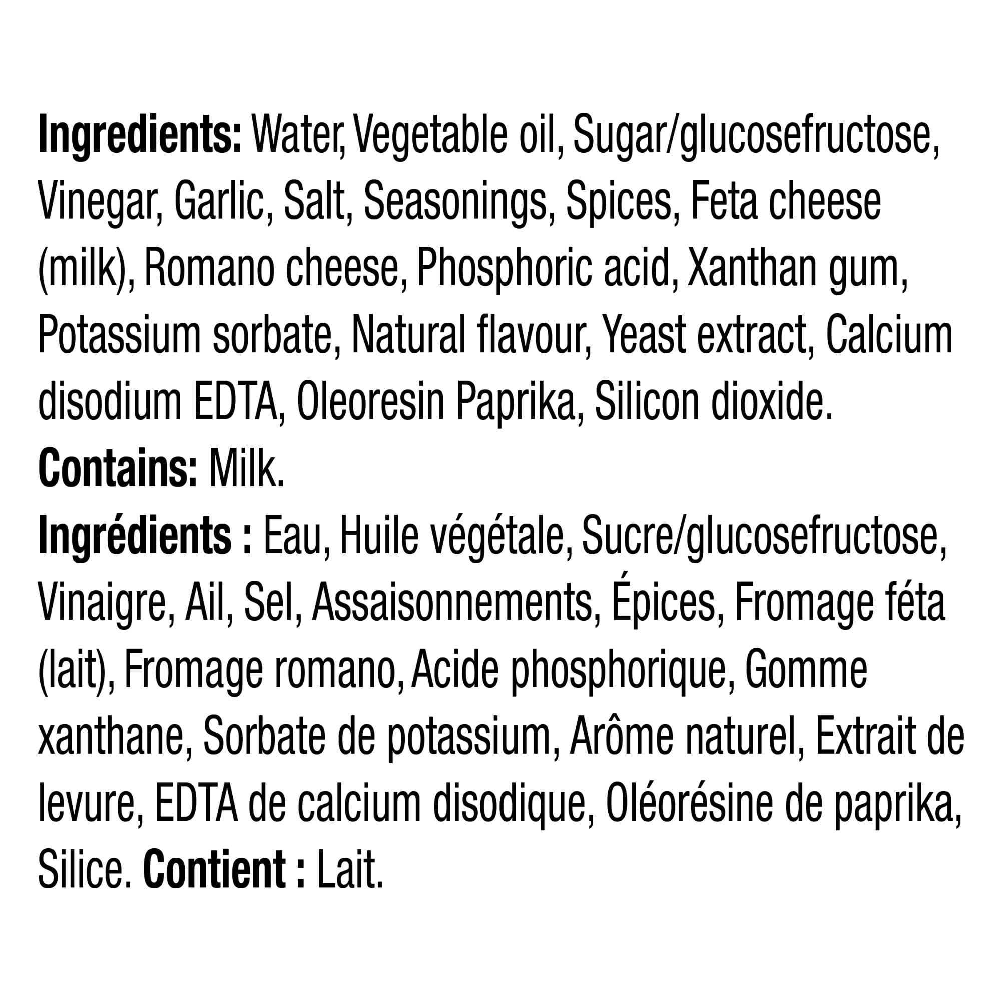 Kraft Greek Feta & Oregano Salad Dressing 425ml/14.4 oz., Bottle, ingredients label