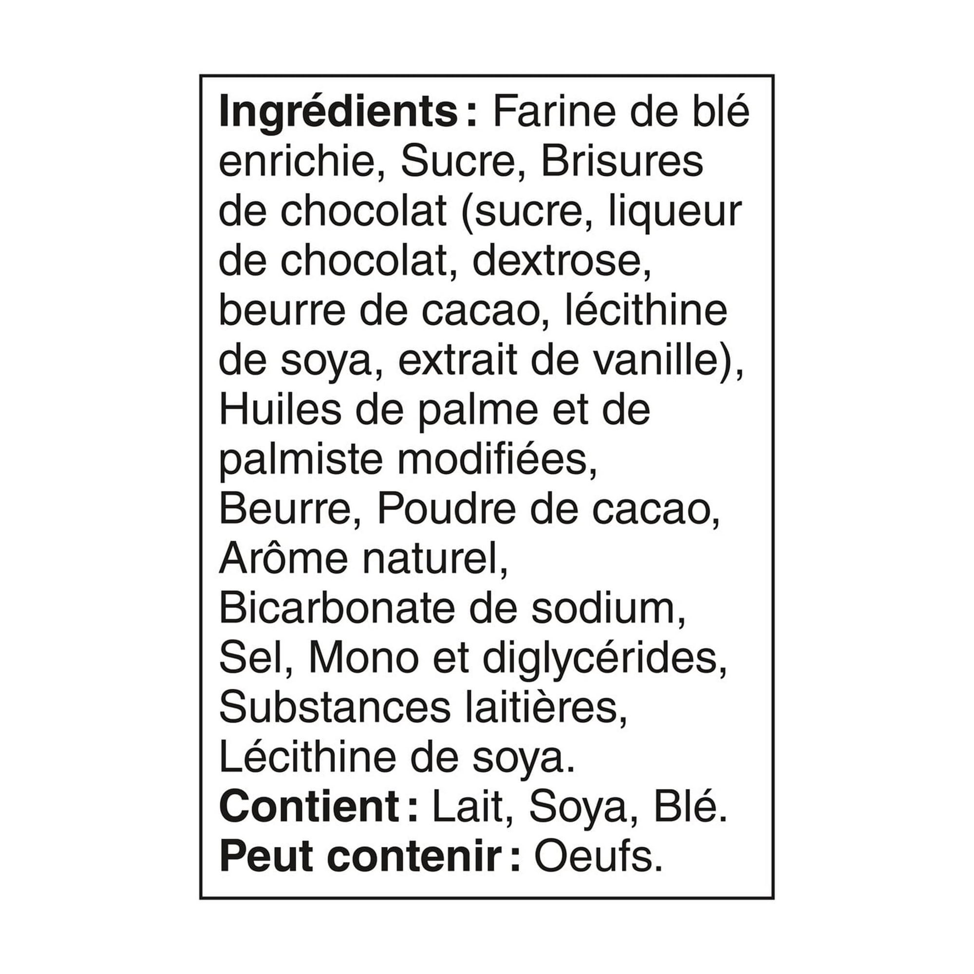 Ingredients list in French for Leclerc Celebration Chocolate Chip Mini Cookies, 200g/7.05 oz on a white background