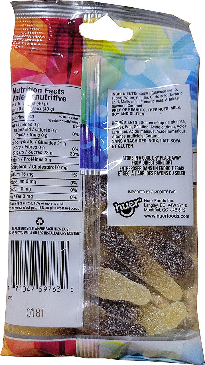 Huer Sour Cola Bottles Gummy Candy, 75g/2.6 oz., Peg Bag, {Imported from Canada}