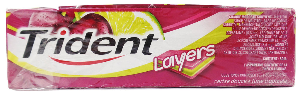 Trident Layers Sugar Free Gum (14-Pieces/Pack, 12ct/Box) (Sweet Cherry + Island Lime) (Imported from Canada)