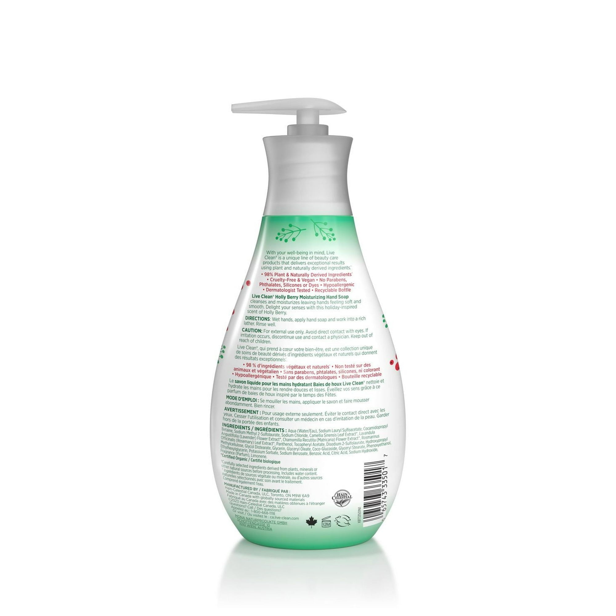 Green bottle of Live Clean Holly Berry hand soap with pump on a white background